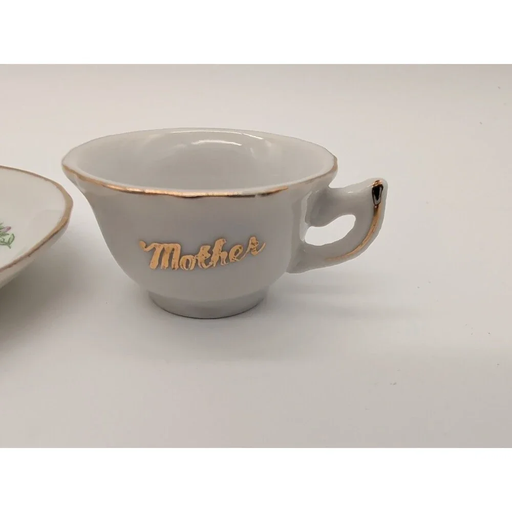 Vintage MOTHER Porcelain Miniature Cup Plate Set Rose Bouquet Gold Trim